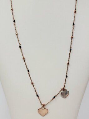 Sterling Silver 925 Italy Satellite Beaded Chain Necklace Rose Tone Double Heart